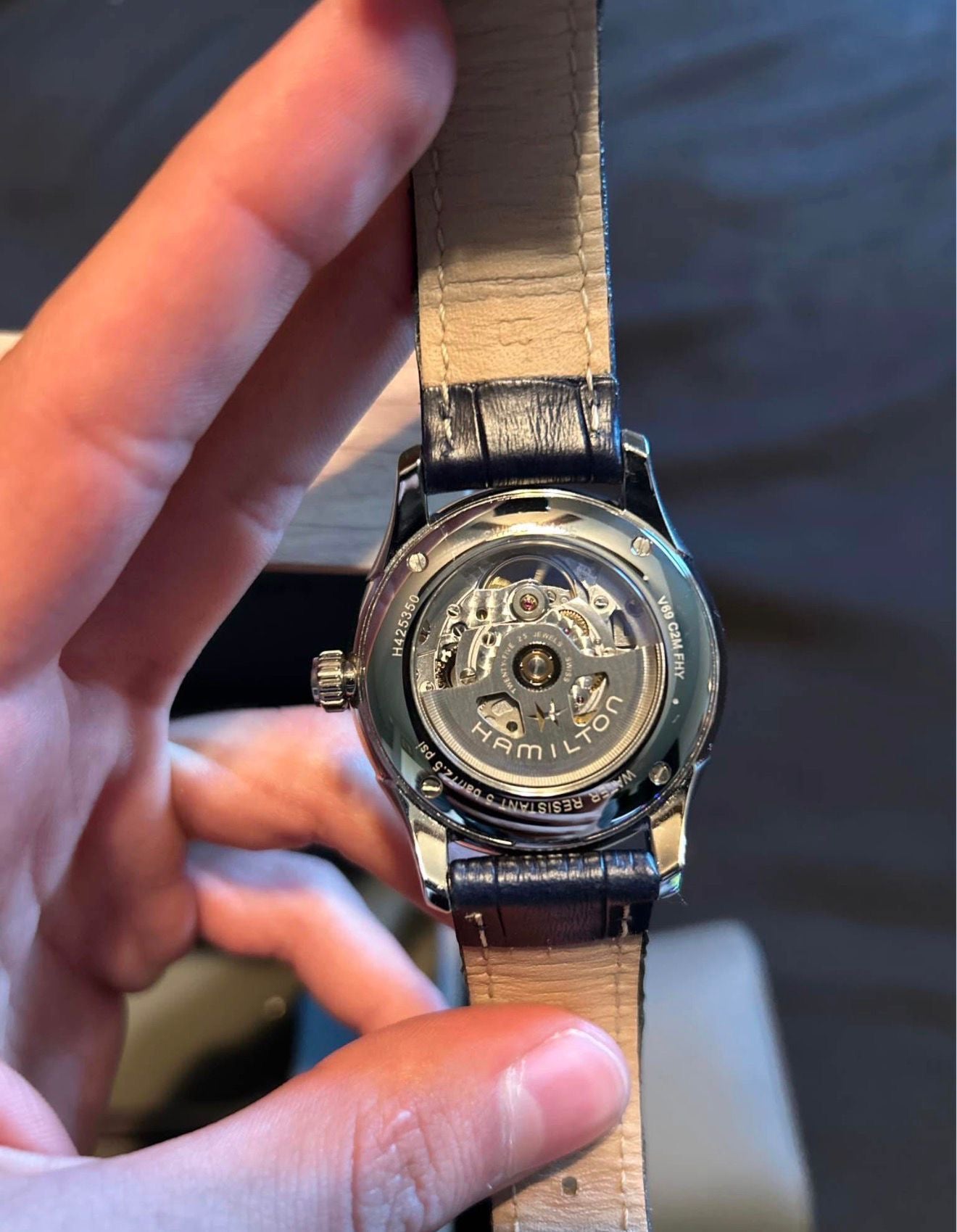 Hamilton Jazzmaster Skeleton – Silver Skeleton Dial, Blue Leather Strap