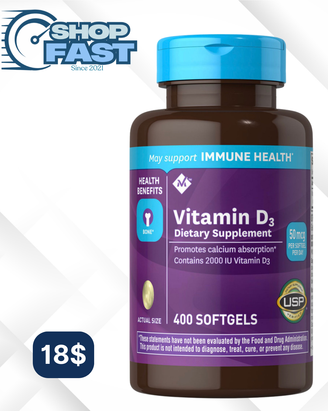 Vitamina D3 50 mcg (2.000 IU) Members Mark 400 cápsulas blandas