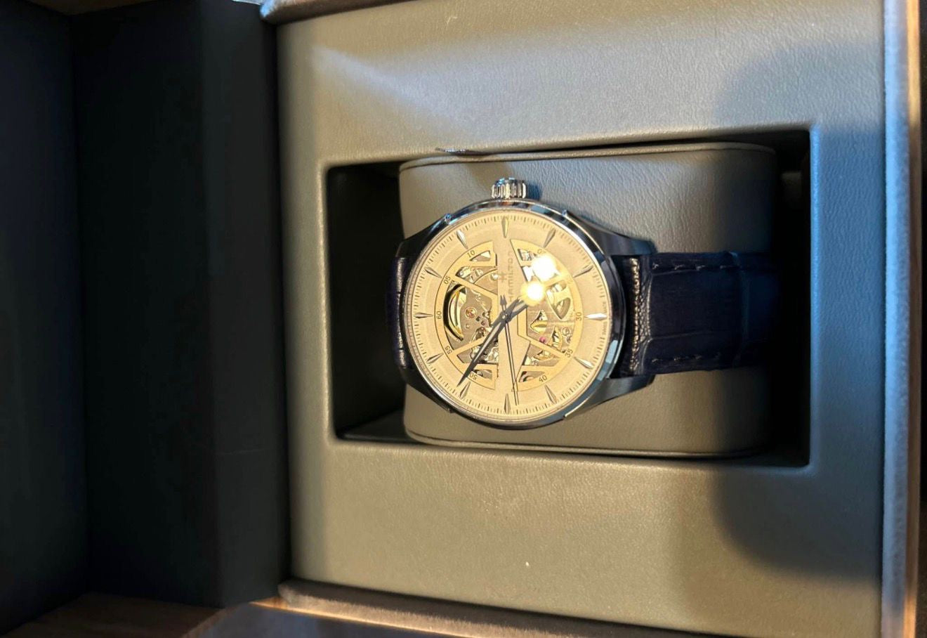 Hamilton Jazzmaster Skeleton – Silver Skeleton Dial, Blue Leather Strap