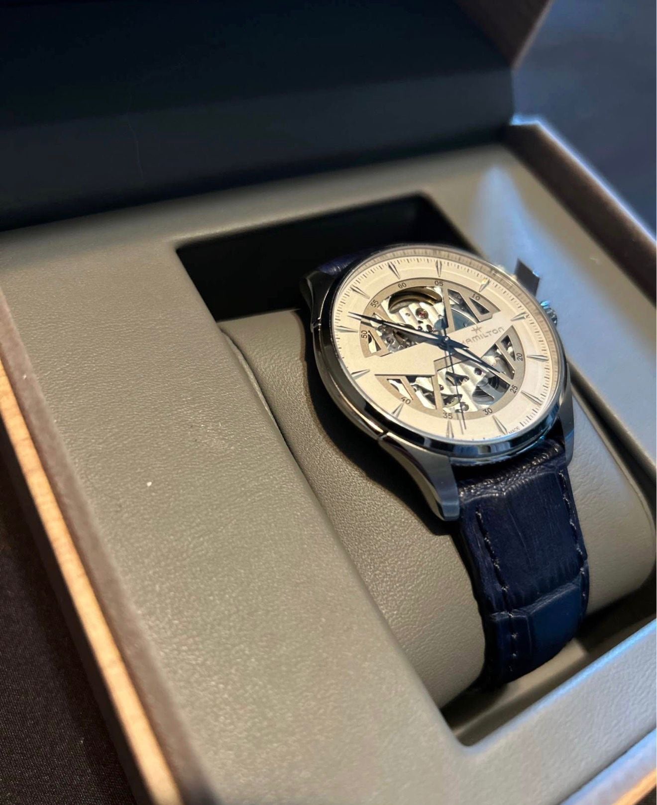 Hamilton Jazzmaster Skeleton – Silver Skeleton Dial, Blue Leather Strap